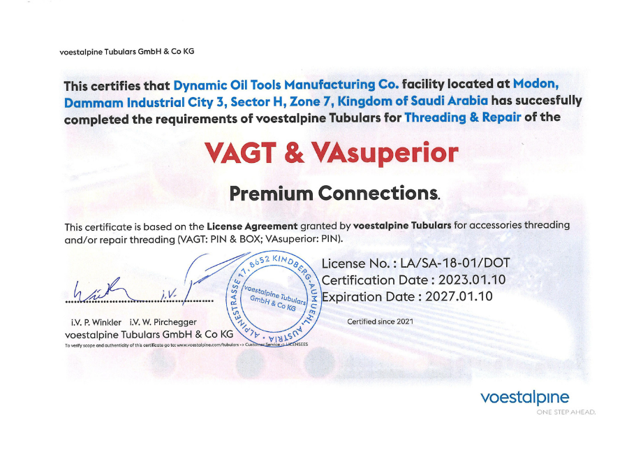 voestalpine VAGT and VAsuperior premium connections threading and repair certification