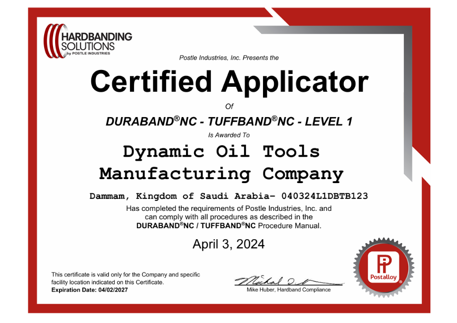 Hardbanding Solutions certified applicator Level 1 for DURABAND NC and TUFFBAND NC