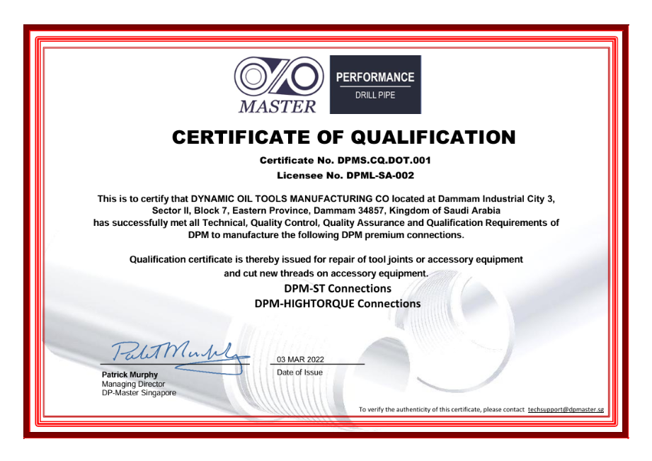 DP-Master certificate of qualification for DPM-ST and DPM-HIGHTORQUE connections
