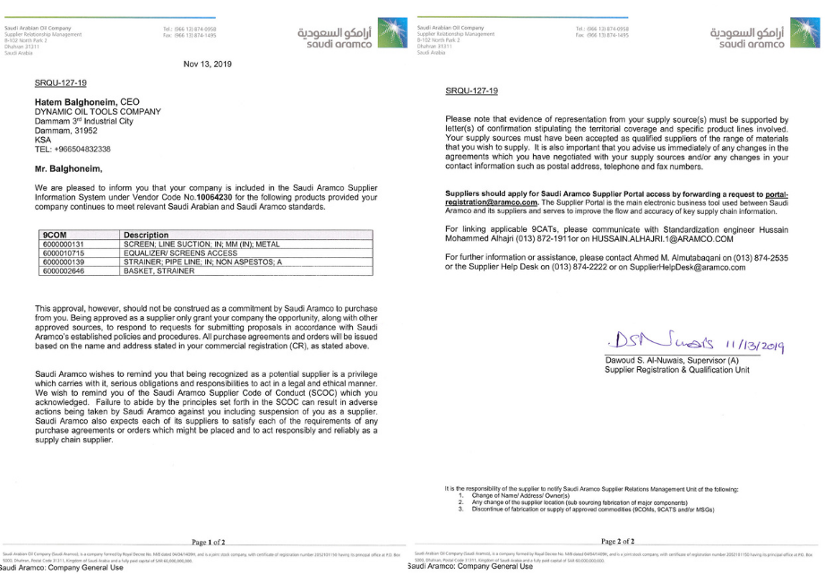 Saudi Aramco approved supplier certificate for Dynamic Oil Tools
